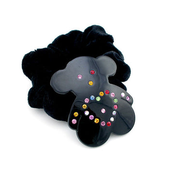 Black Love Bear Velvet Ponytail Holder with Multi-colored Rhinestones